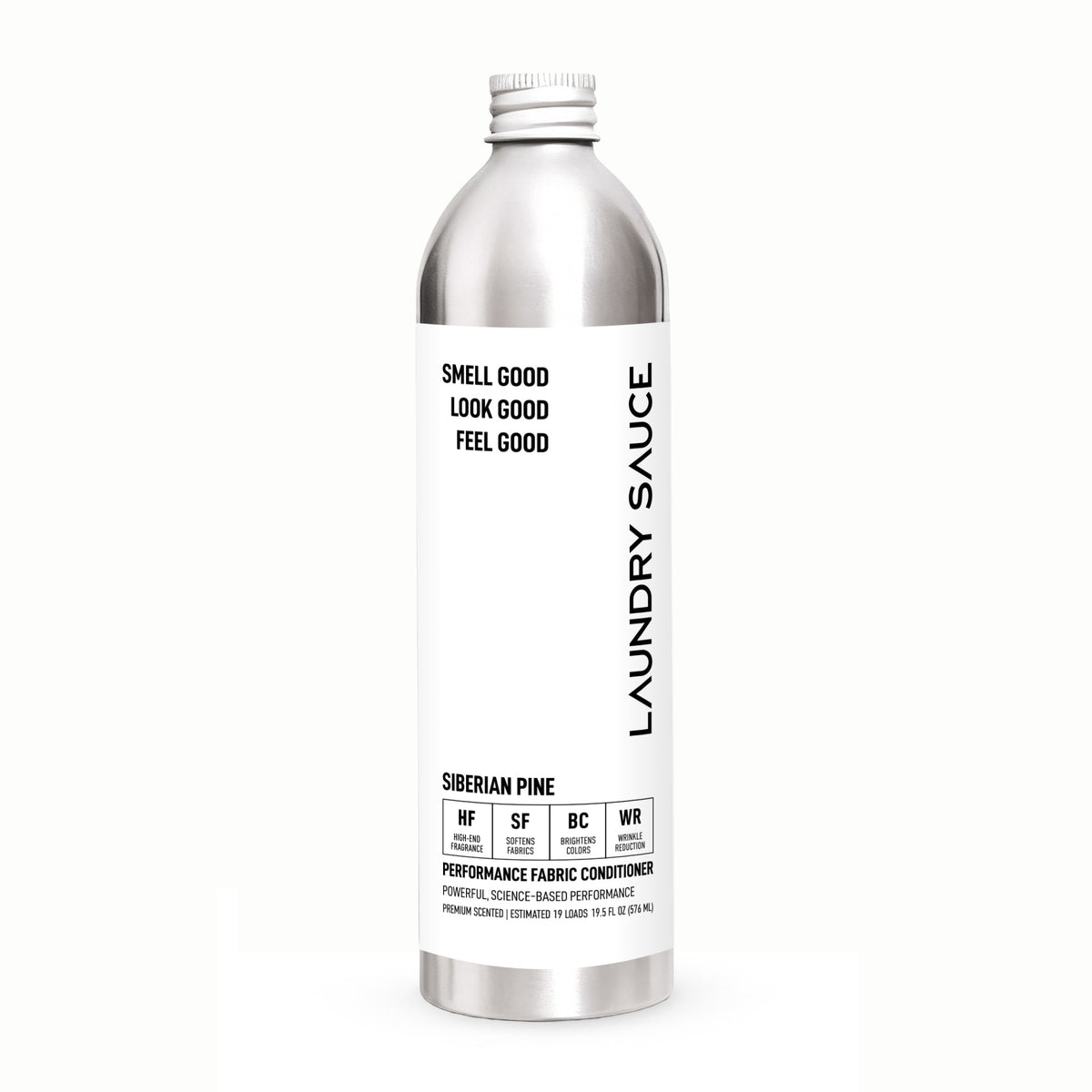 Laundry fabric softener bottle with Siberian Pine scent, silver bottle and blue vertical text