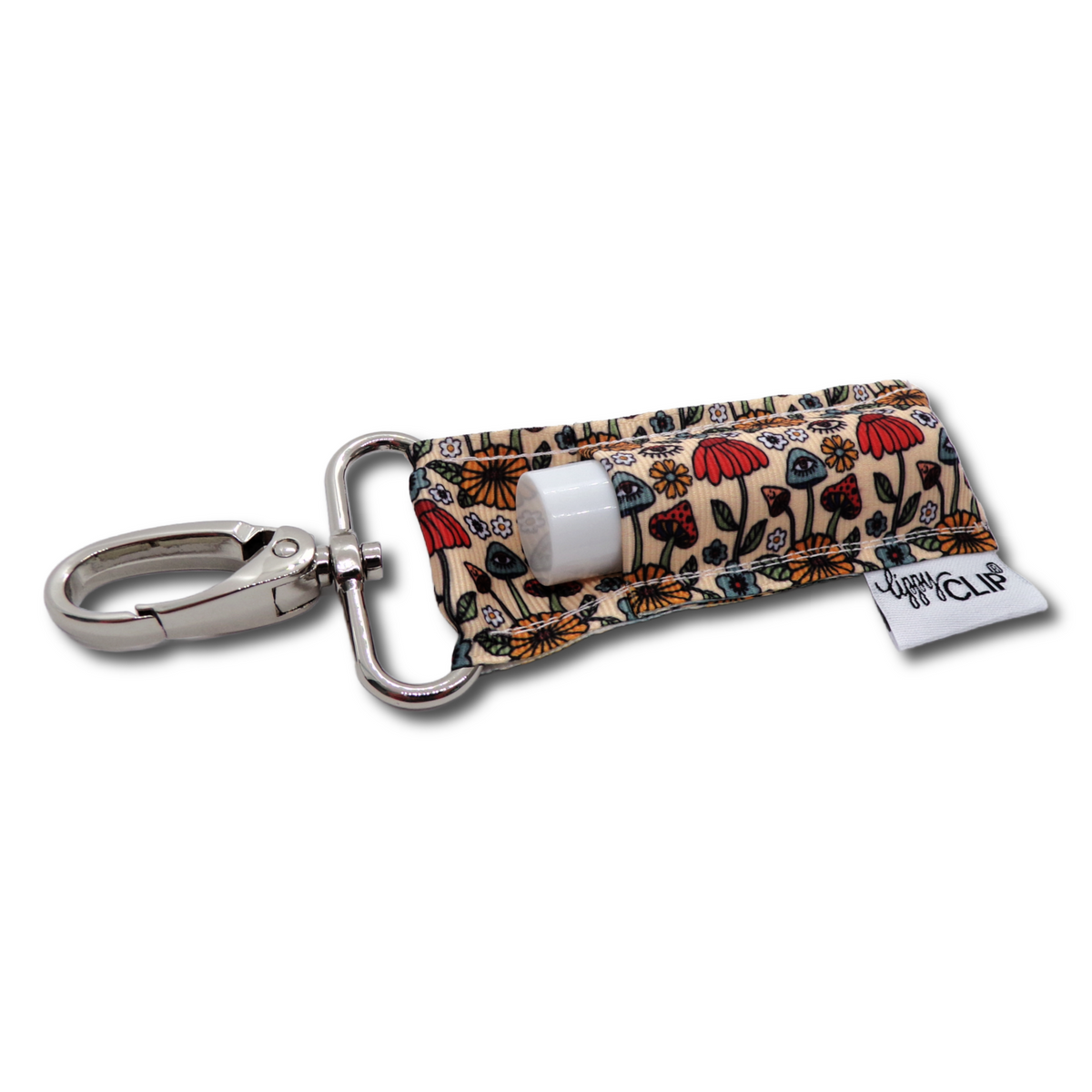 LippyClip® lip balm holder with fall mushroom print fabric and metal key clip
