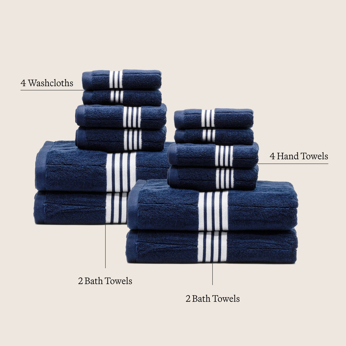 Nautilus towel set in navy with white striped bands, stacked multiple towel sizes