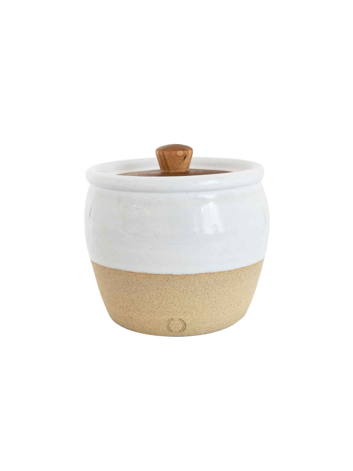 Ceramic pickle pot jar with wooden knob lid, white glaze and tan stoneware base