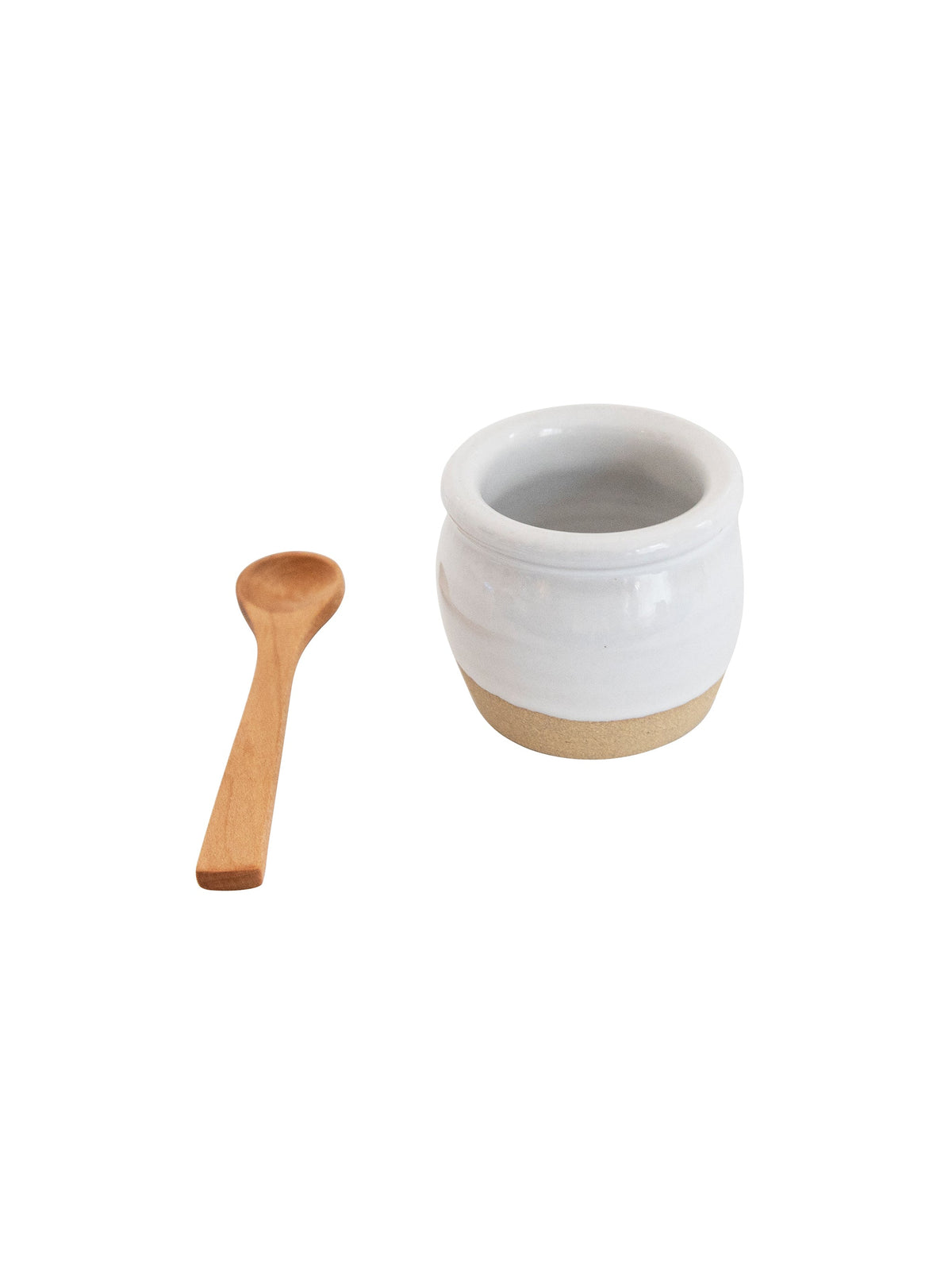 Ceramic pickle pot jar with separate wooden spoon, white glaze and tan base