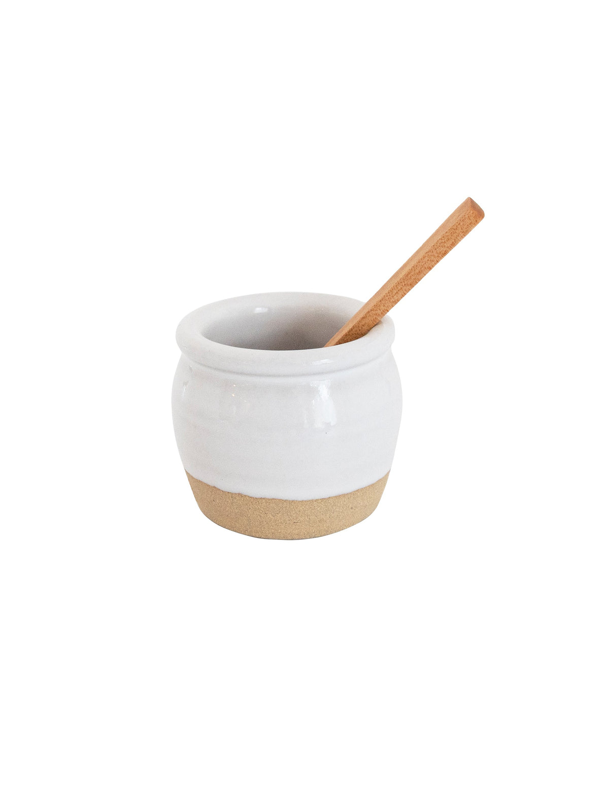 Ceramic pickle pot jar with wooden spoon, white glaze and tan stoneware base