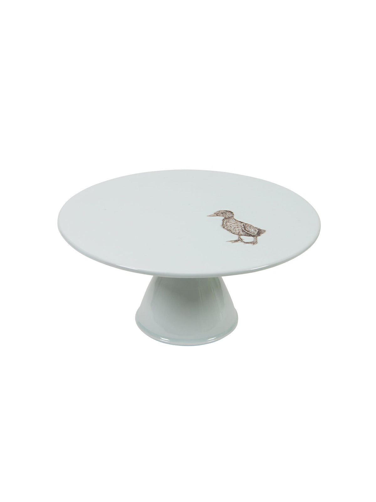 Celadon ceramic cake stand with duck figurine, round top on pedestal base