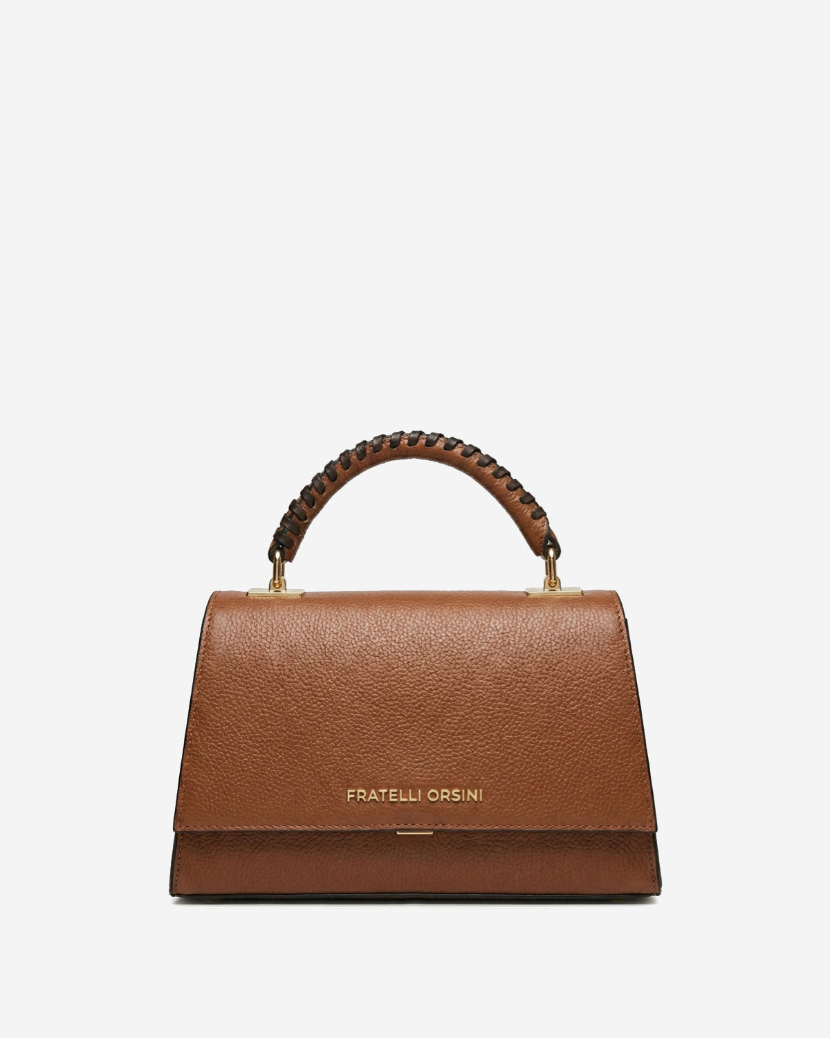 Cognac leather mini bag with top flap and braided handle, gold logo plate