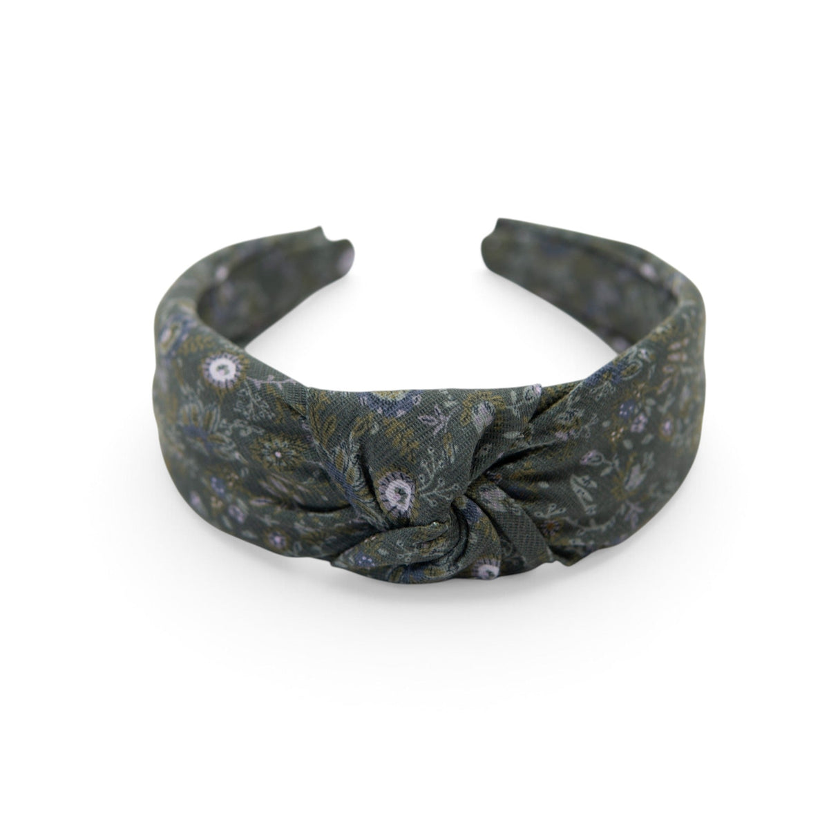 Knotted fabric headband, dark green floral print with gathered center knot