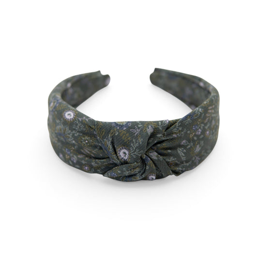 Knotted fabric headband, dark green floral print with gathered center knot