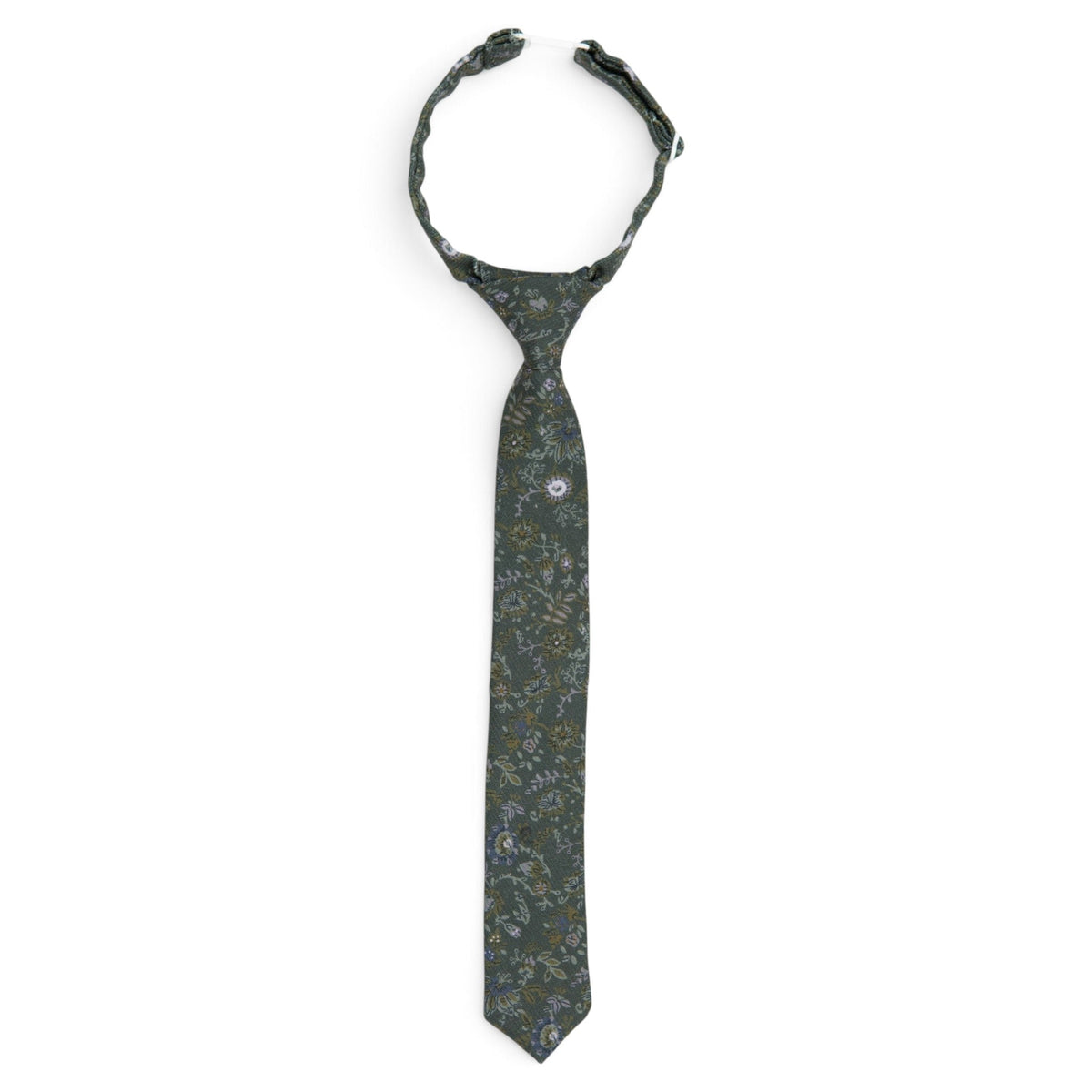 Boys necktie in dark green with light floral and circular pattern