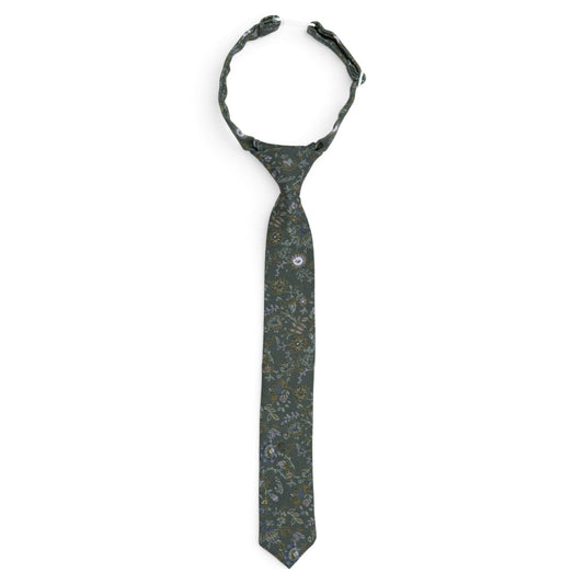 Boys necktie in dark green with light floral and circular pattern