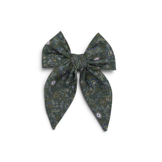 Darling hair bow with dark teal floral print fabric bow