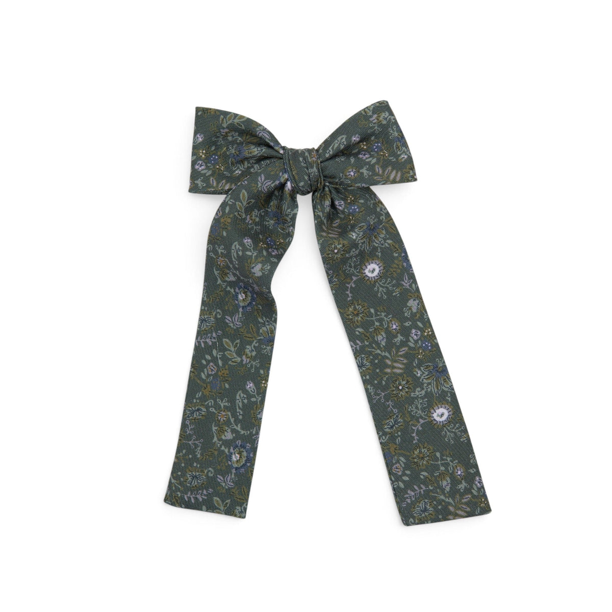 Teal floral fabric lady hair bow with long tails and center knot