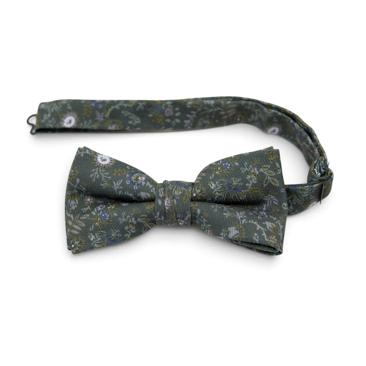 Men's pre-tied bow tie in dark green with multicolor floral pattern