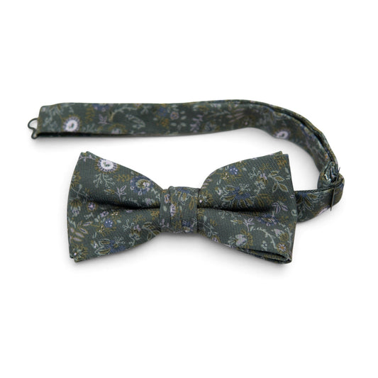 Men's pre-tied bow tie in dark green with multicolor floral pattern