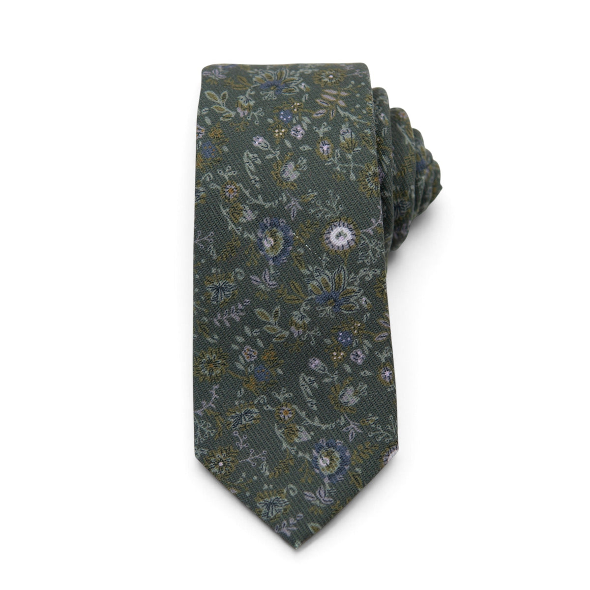Men's patterned tie, dark green with small floral medallion print