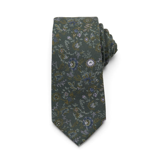Men's patterned tie, dark green with small floral medallion print
