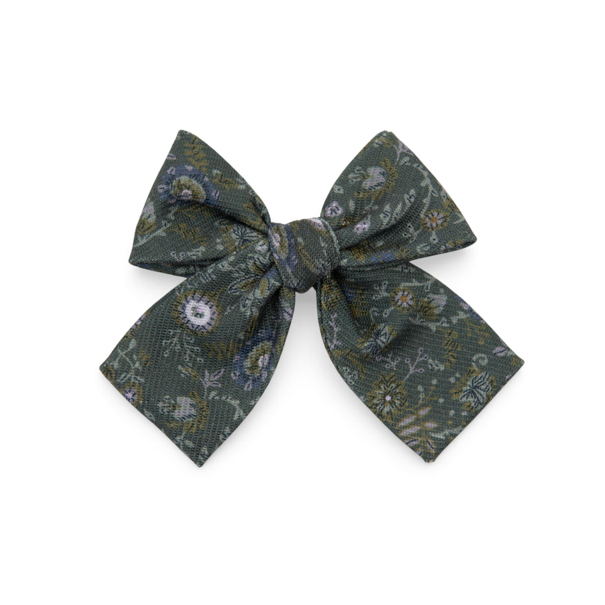 Petite hair bow, dark green patterned fabric bow with knot center, 2x3 in