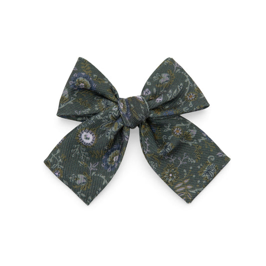 Petite hair bow, dark green patterned fabric bow with knot center, 2x3 in
