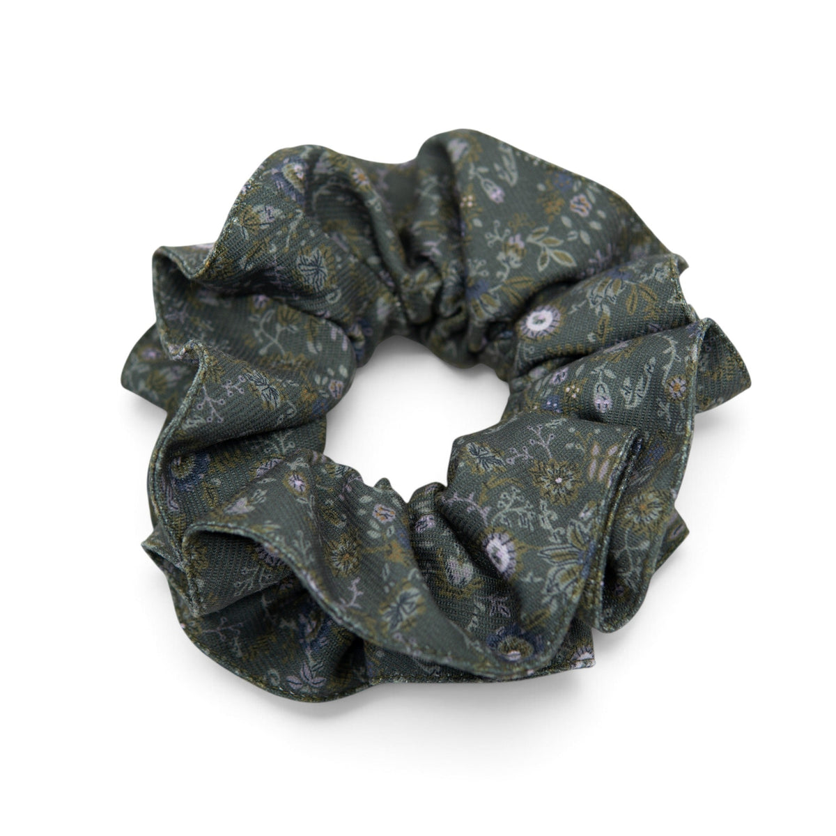 Dark green floral hair scrunchie with small illustrated blossoms