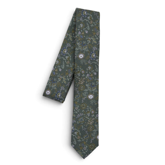 Youth tie in dark green with small floral and leaf motifs