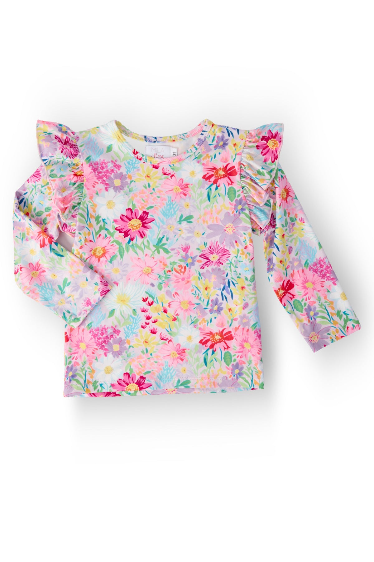 Girls long-sleeve ruffle tee with pastel floral print, round neckline