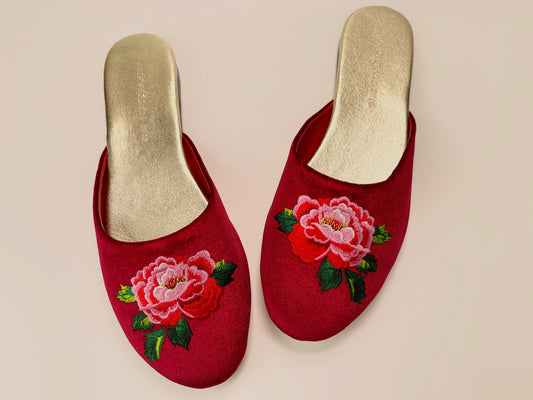 Red wine velvet mule slippers with embroidered peony flowers on front, slip-on style