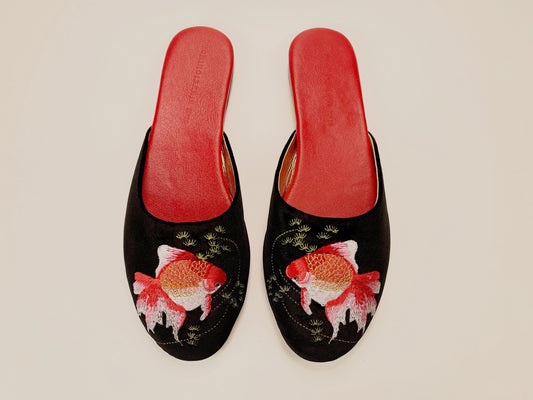 Black velvet mule slippers with goldfish embroidery and red insoles