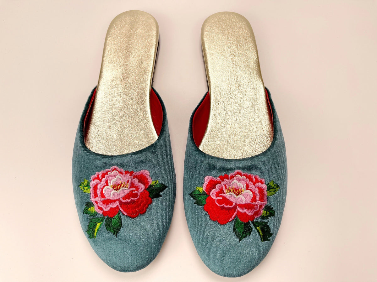 Teal velvet mule slippers with red peony embroidery and gold-toned insoles