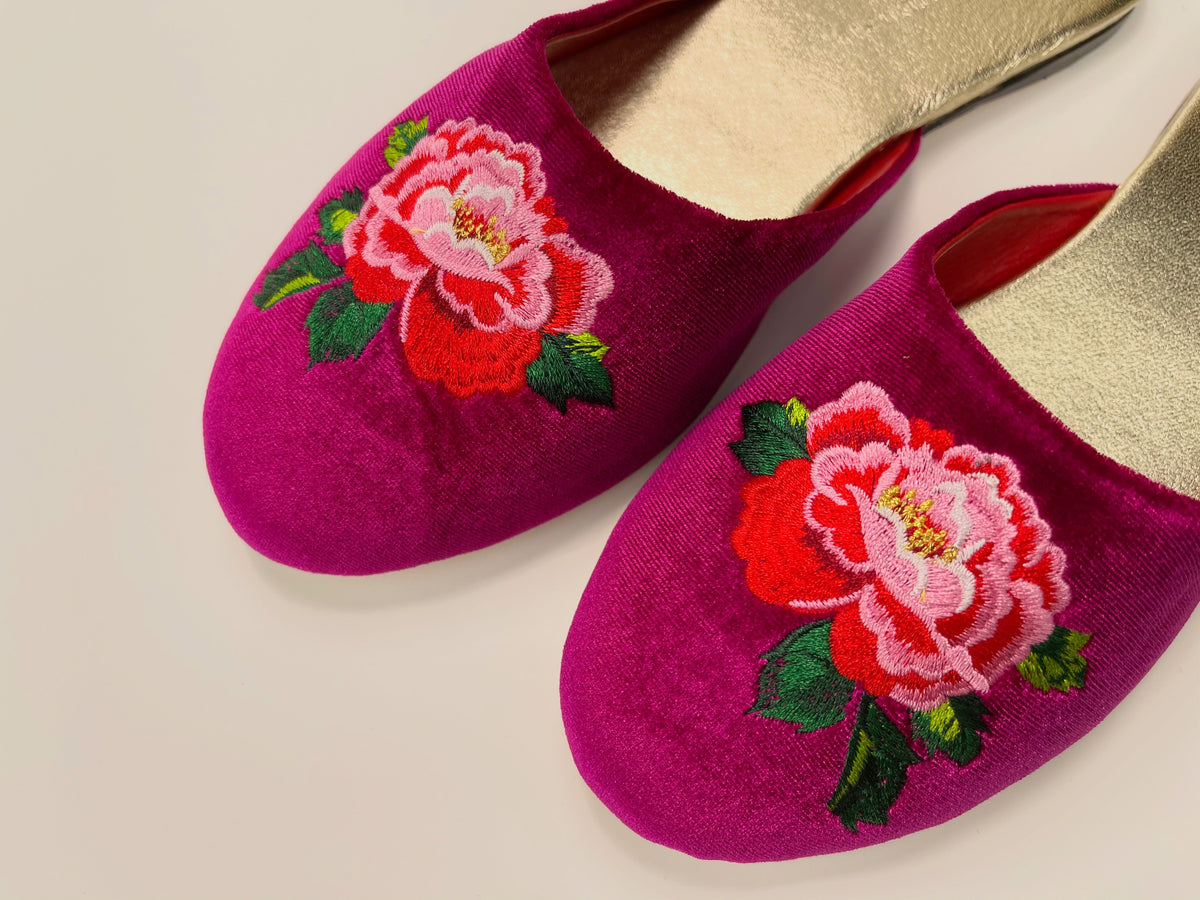 Fuchsia velvet mule slippers with peony embroidery, pair view with gold insoles