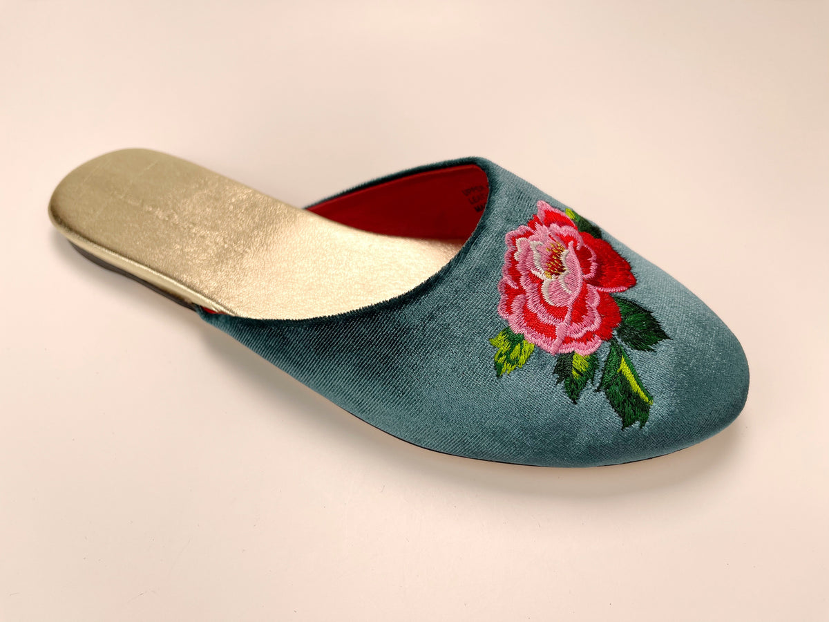 Teal velvet mule with embroidered red peony flower and gold-toned insole