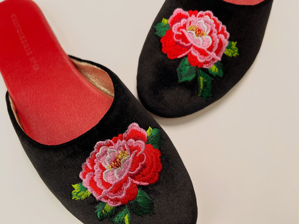 Black velvet mule slippers with embroidered peony flowers on toe