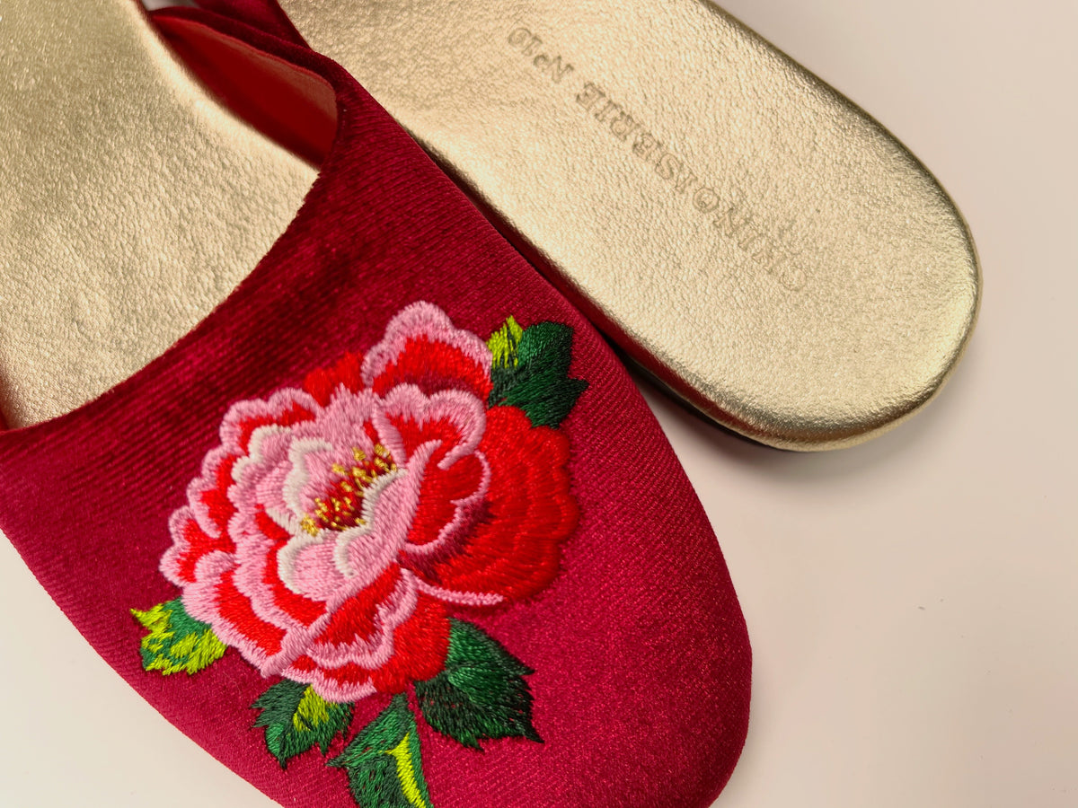 Red wine embroidered peony mule slippers, close-up of floral stitching