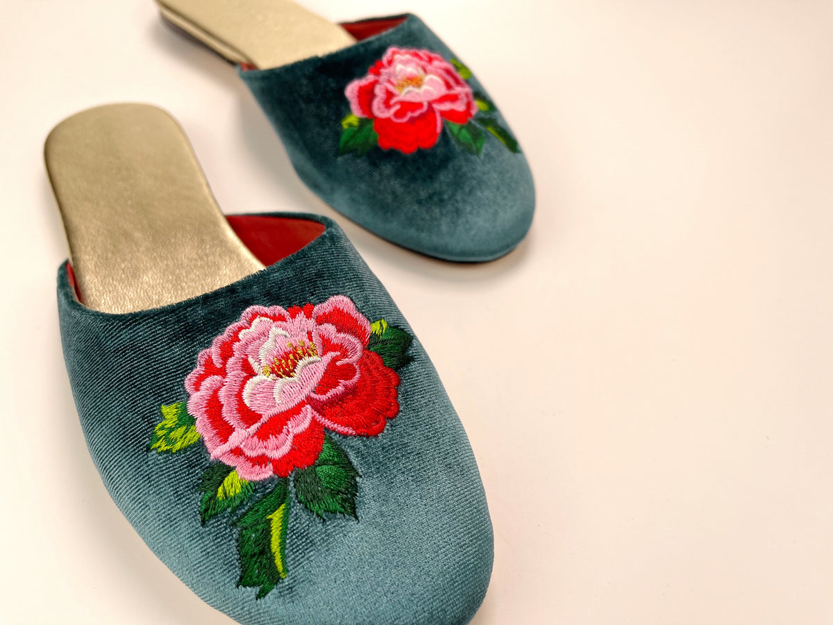 Teal velvet mule slippers with side peony embroidery and gold-toned lining