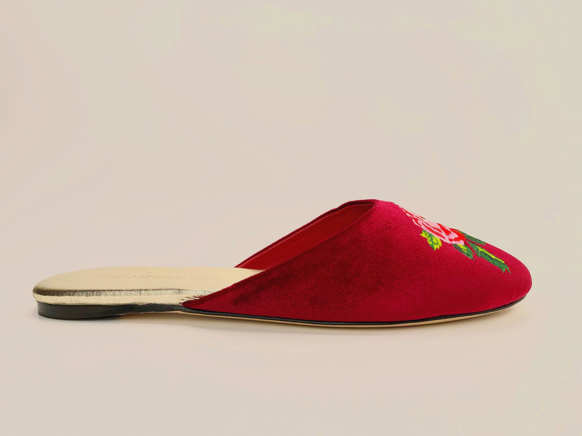 Red wine peony mule slippers with tan sole, side profile