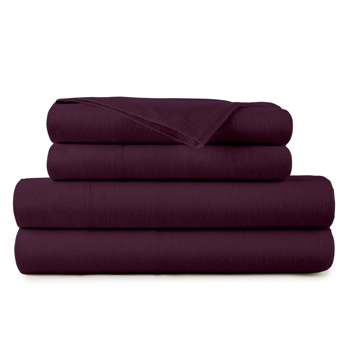 Organic flannel sheet set, aubergine purple, folded and stacked
