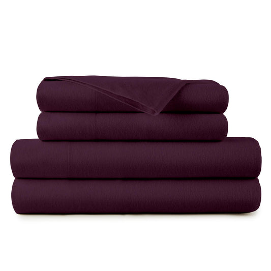 Organic flannel sheet set, aubergine purple, folded and stacked