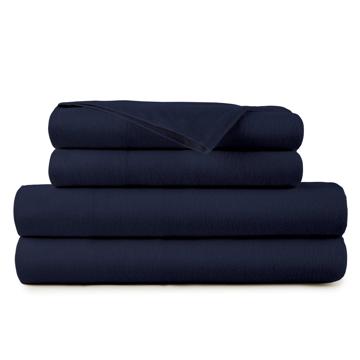Organic flannel sheet set, navy, folded and stacked