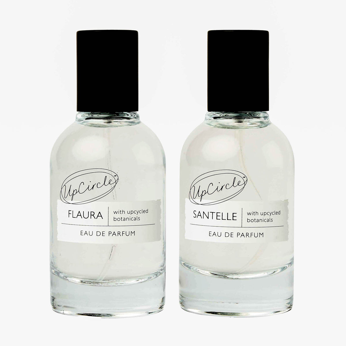 Eau de parfum set with two glass bottles, black caps, labeled Flaura and Santelle.