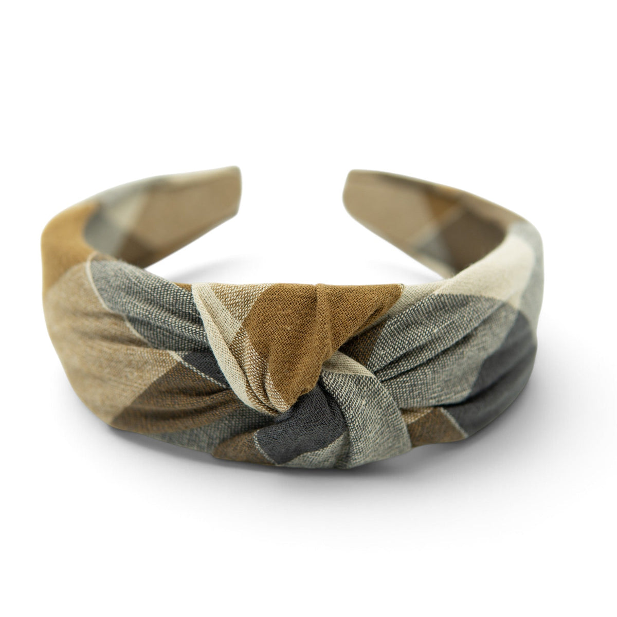 Plaid knotted headband with tan, olive, charcoal and cream woven pattern