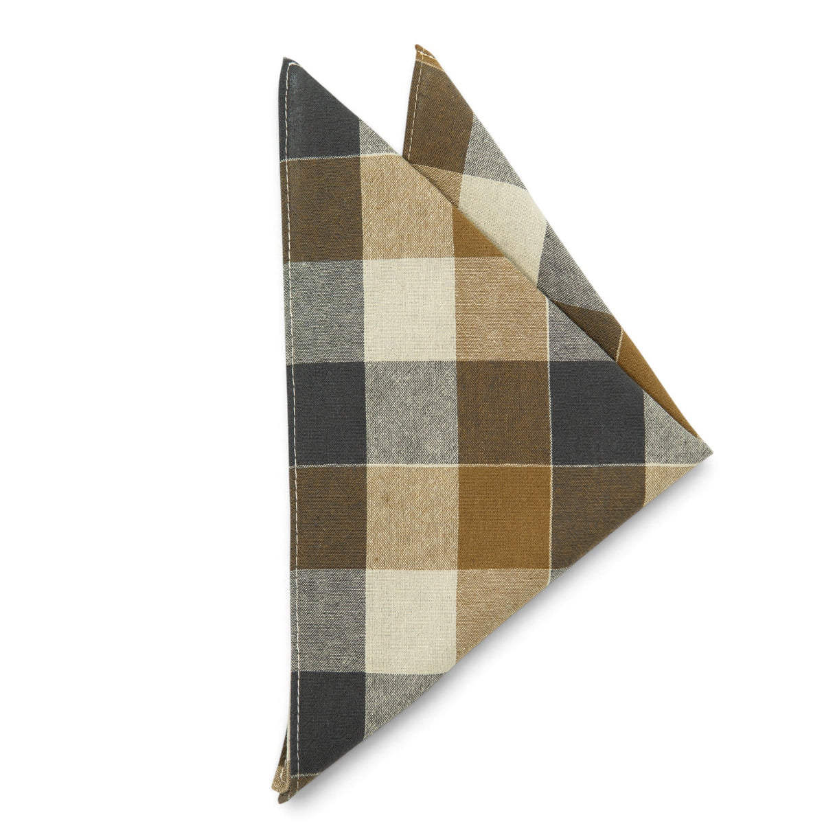 Checkered pocket square, folded triangular shape in brown, black, and cream