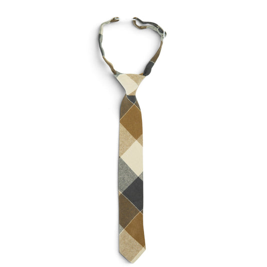 Boys necktie with tan, gray, and black diamond argyle pattern