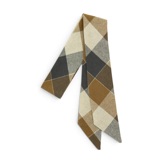 Fletcher plaid hair sash in tan, dark gray, and cream check pattern