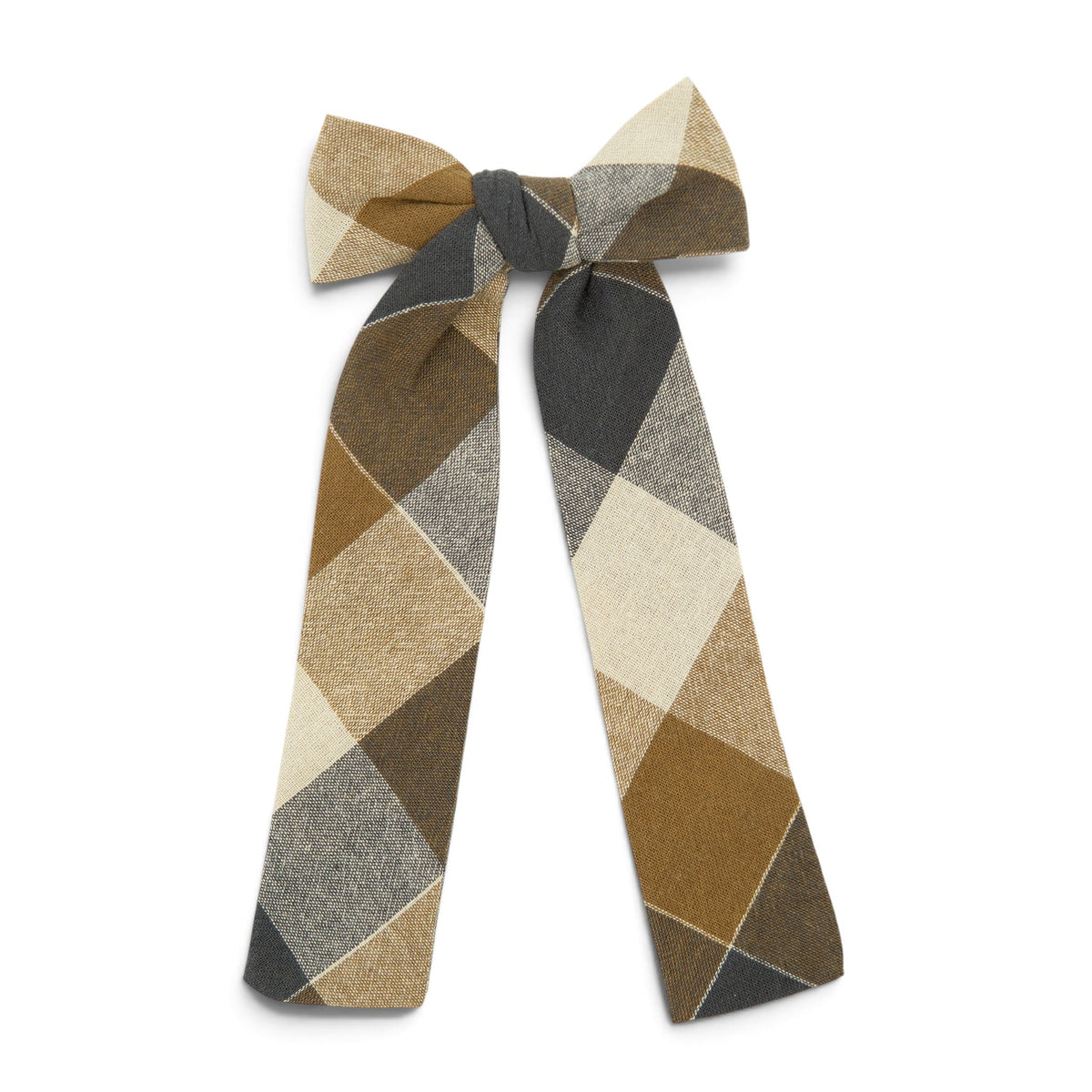 Plaid fabric hair bow with long tails, tan and dark gray diamonds