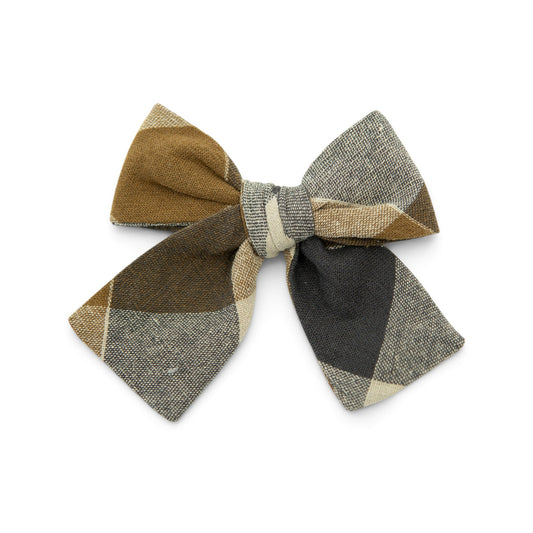 Plaid petite hair bow with layered fabric loops and center tie, brown and dark gray