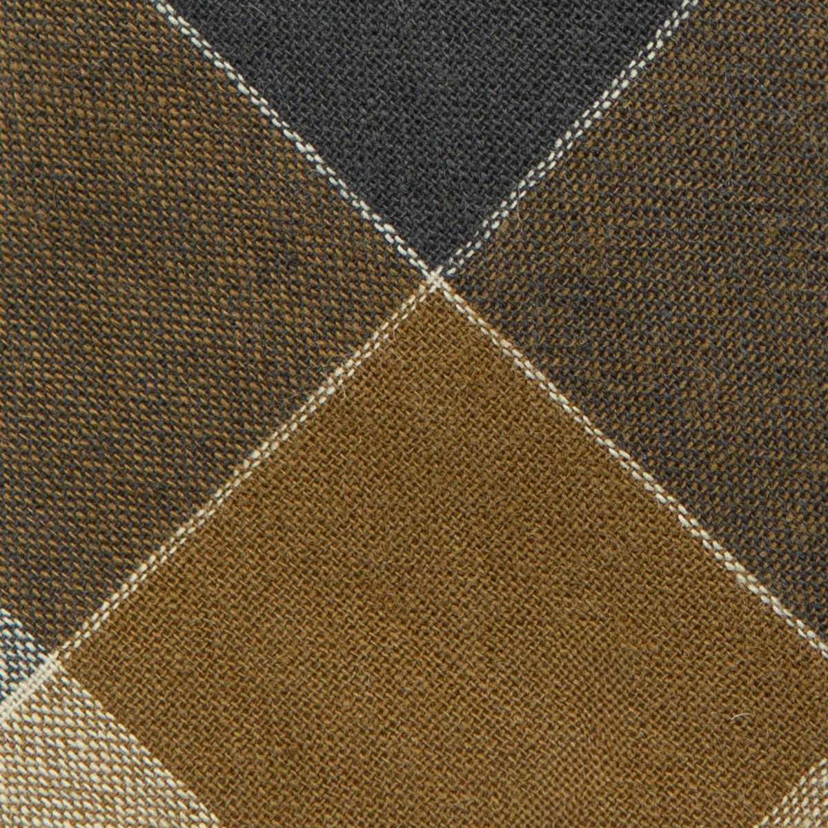 Close-up of plaid headband fabric: dark charcoal and tan with cream grid lines