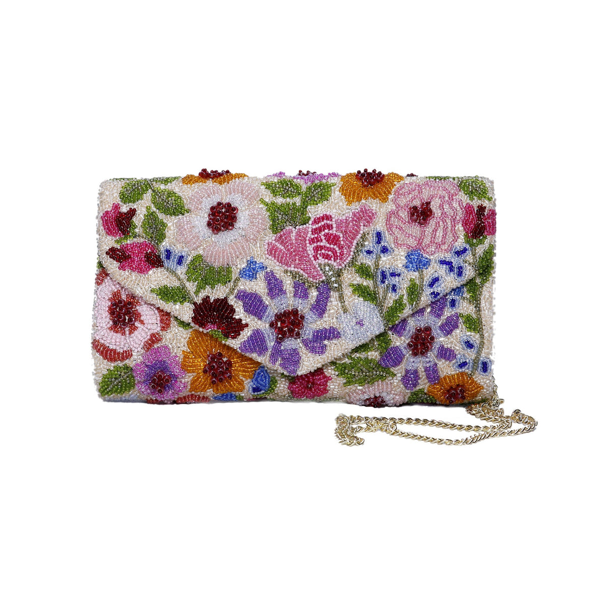 Multicolor floral embroidered clutch bag with chain strap and heart 'Love' motif