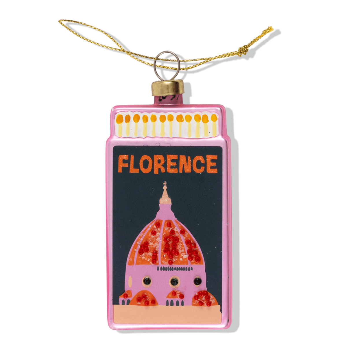 Florence matchbook ornament, pink frame with dome design and gold hanging loop