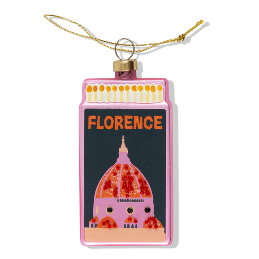 Florence matchbook ornament, pink frame with dome design and gold hanging loop