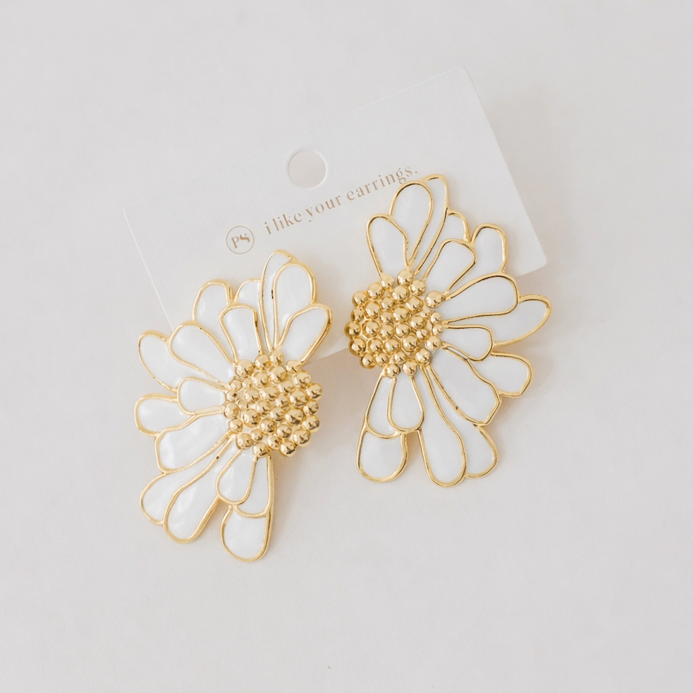 White enamel flower stud earrings with gold outlines and beaded centers