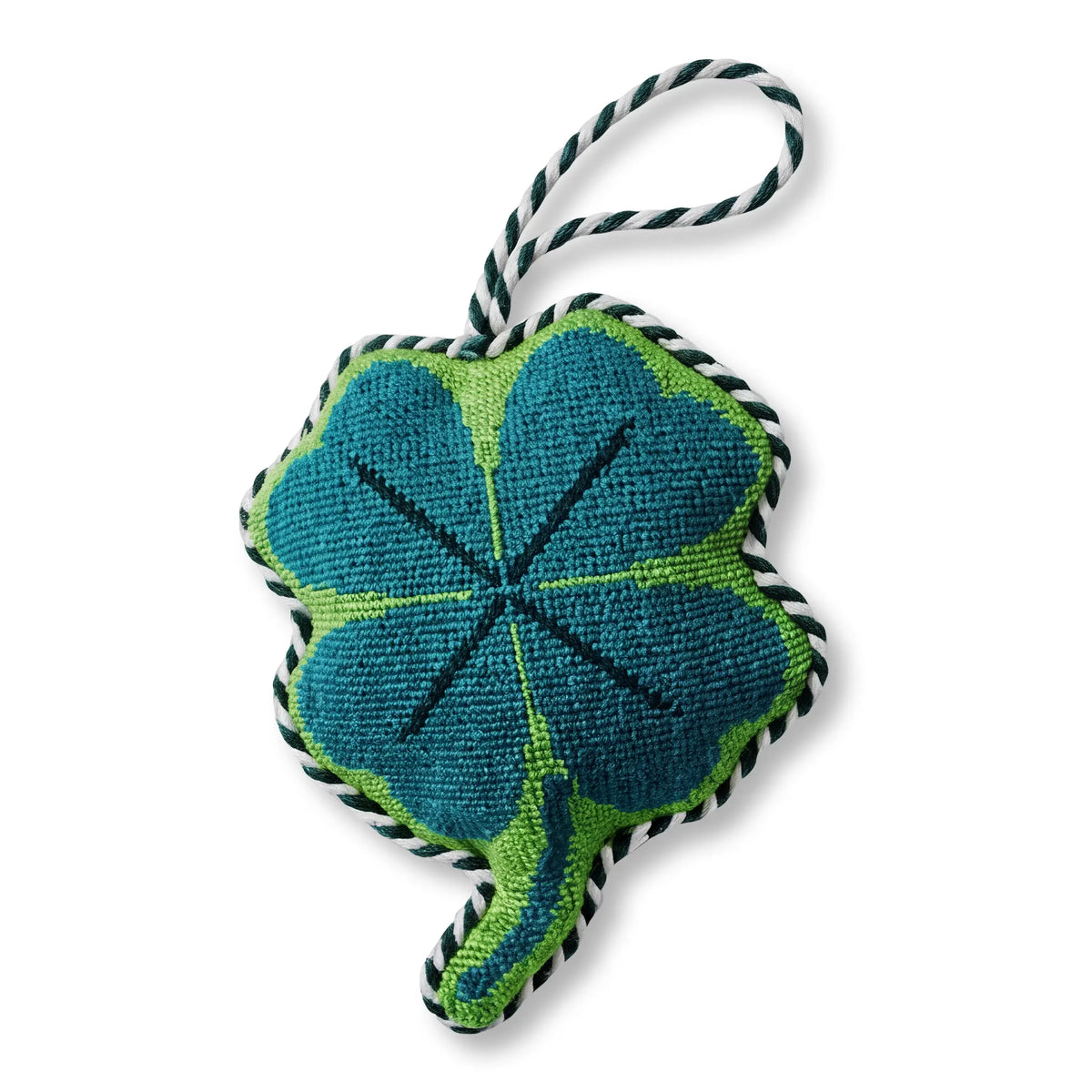Needlepoint four-leaf clover ornament, teal and green stitched with hanging loop