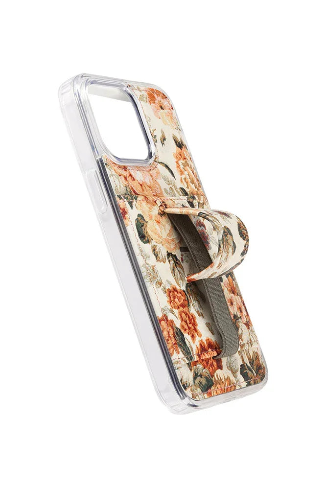 Floral phone purse case with clear frame and orange cream blossom pattern, angled