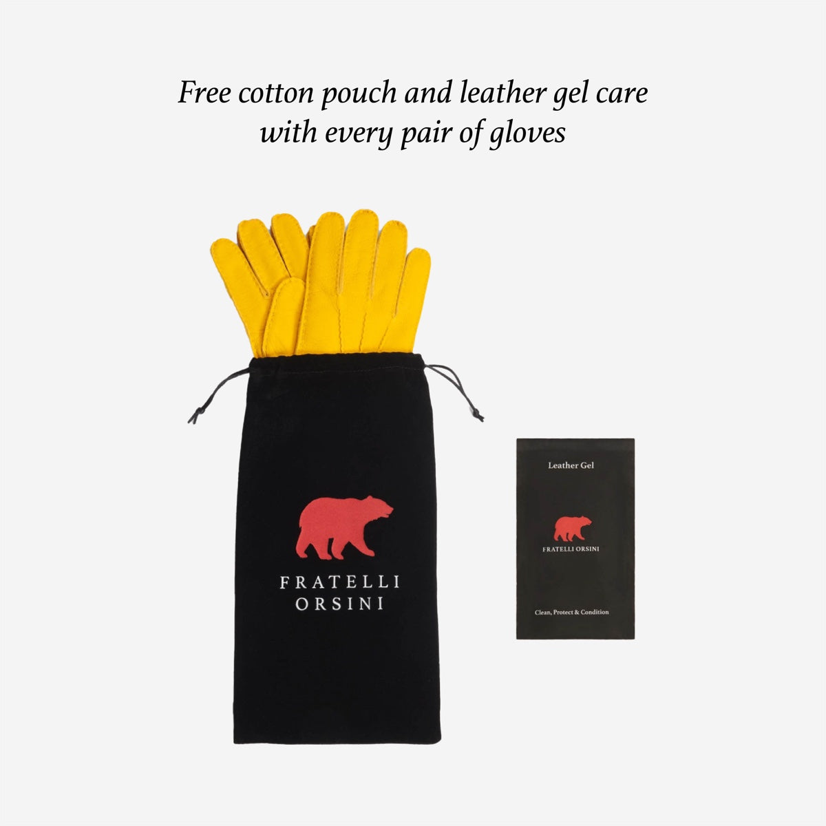 Leather driving gloves in yellow leather, inside drawstring storage pouch